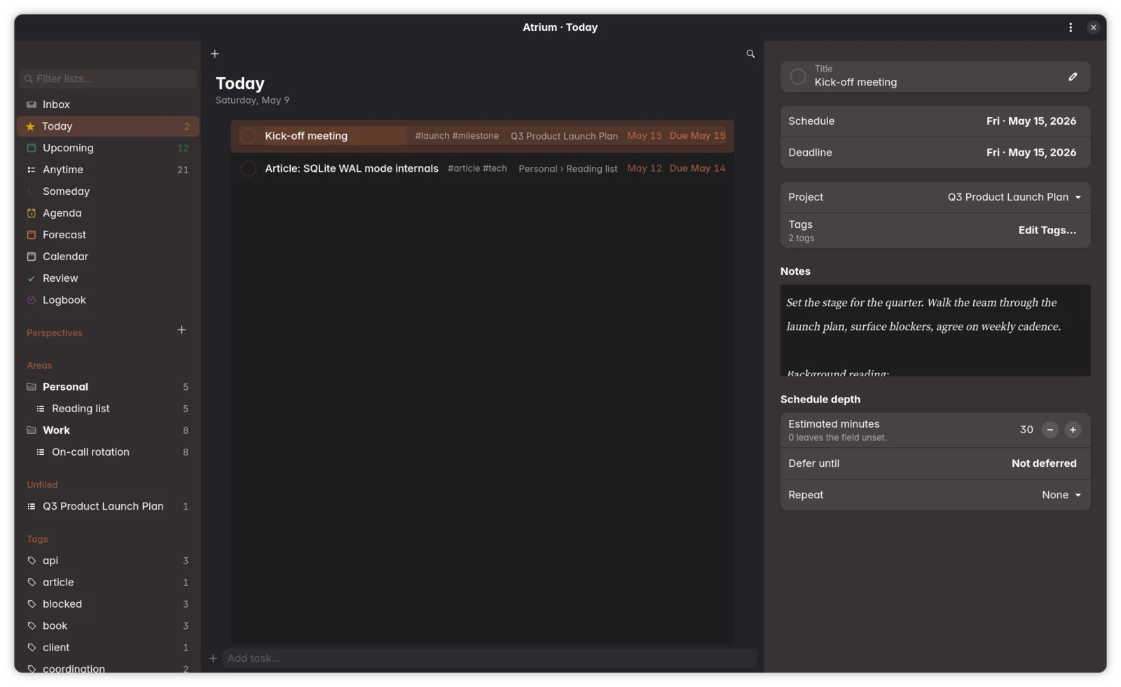 Atrium's Today view in Builder Mode: three panes with the live Inspector open on a task's schedule, project, tags, and notes
