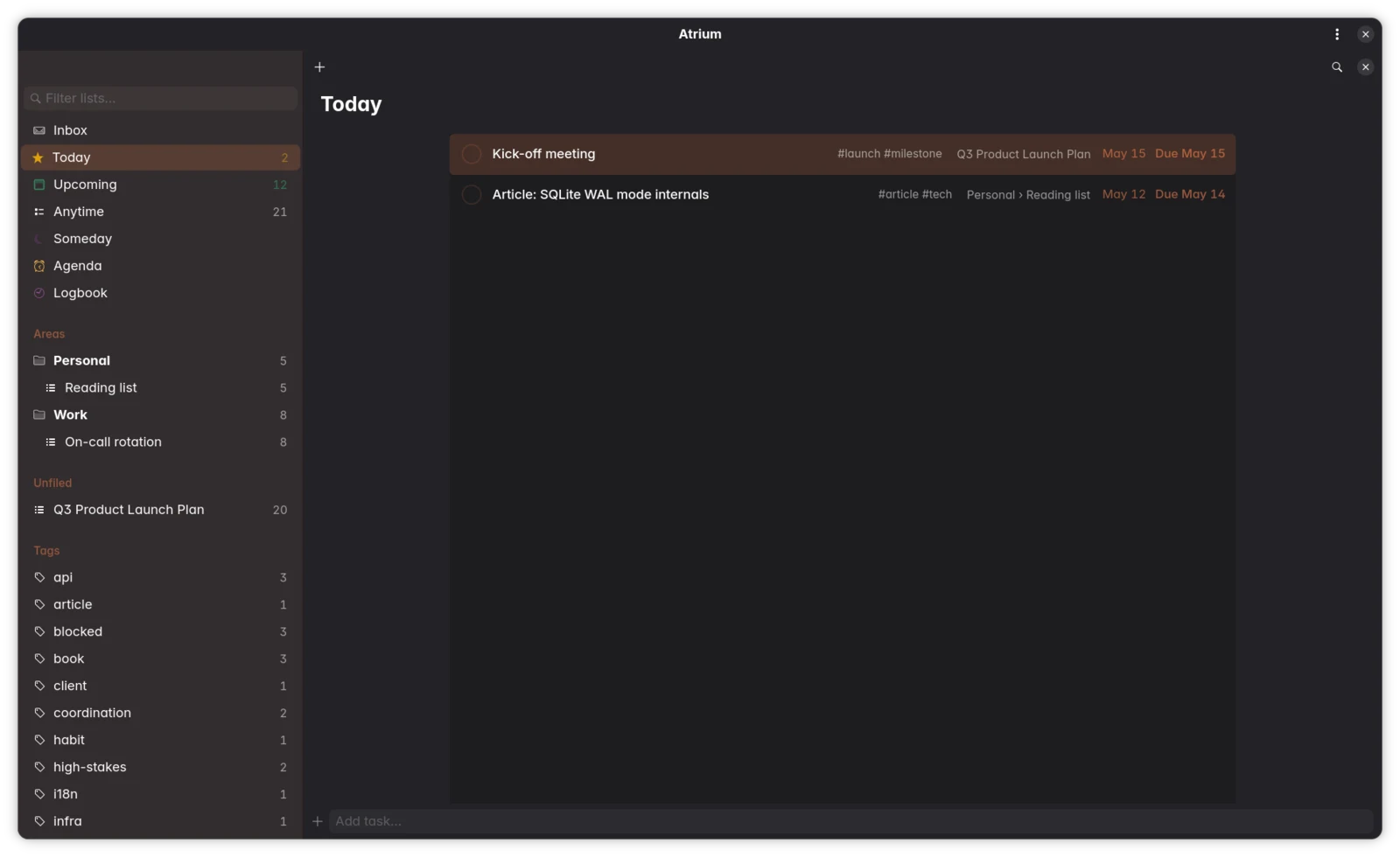 Atrium's Today view in Simple Mode: a calm two-pane list with areas, tags, and two tasks due today