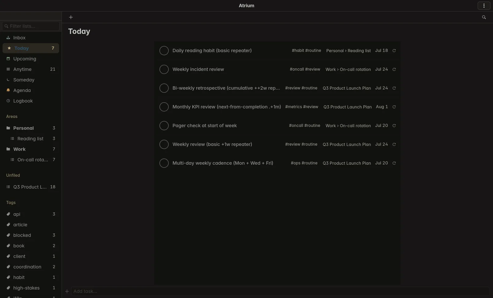 Atrium's Today view: six canonical lists in the sidebar, coloured tag pills, and the Area › Project chip on each row