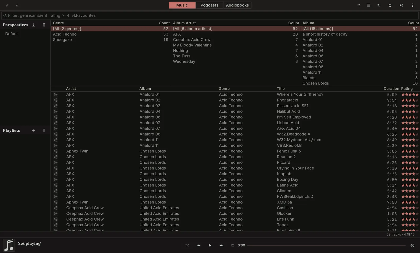 Conservatory's music library: three Columns UI facet panes over genre, album artist, and album, above a rated track list and the player bar