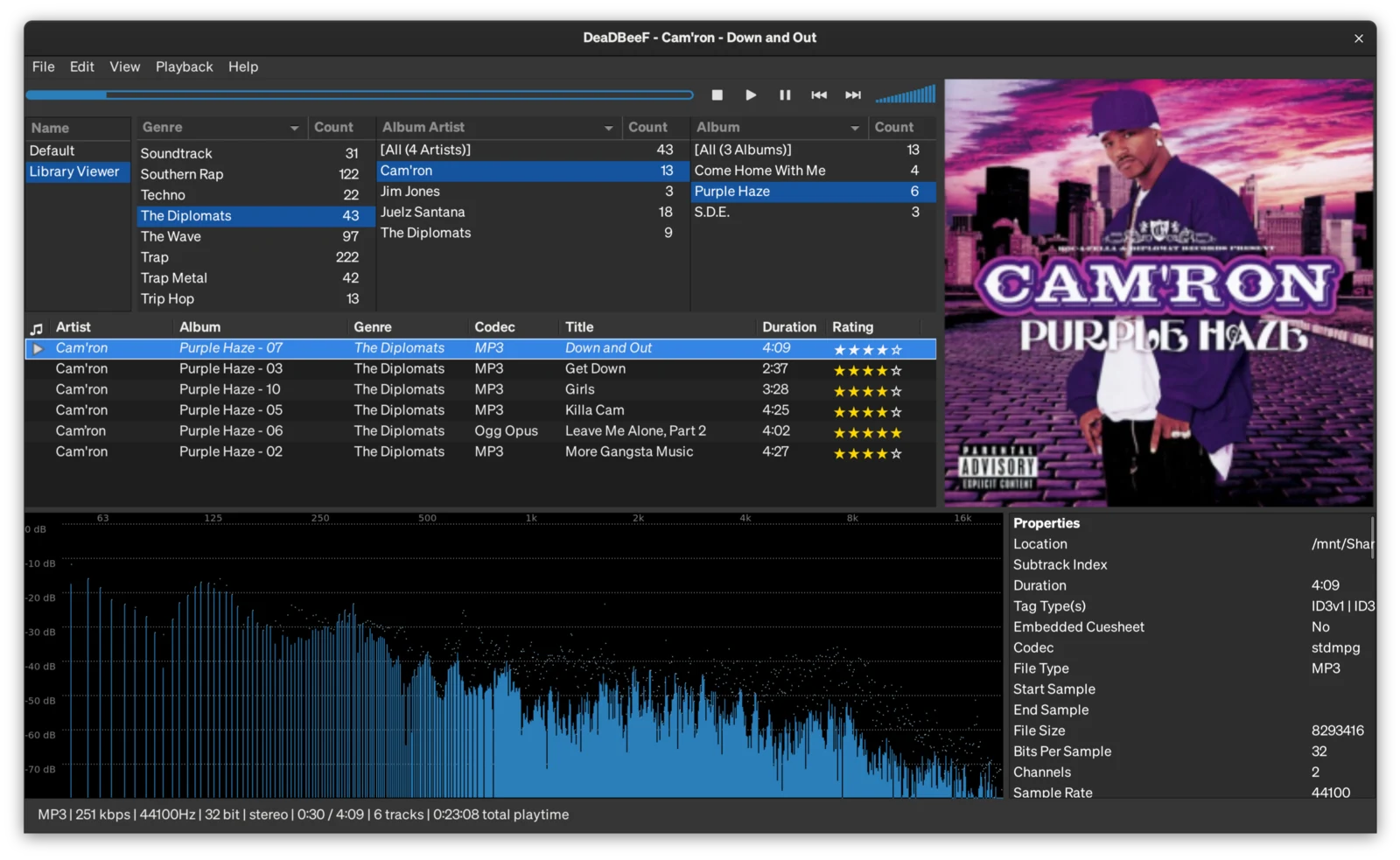 deadbeef-cui's three facet columns narrowing genre, album artist, and album above the playlist, with cover art and a waveform seekbar