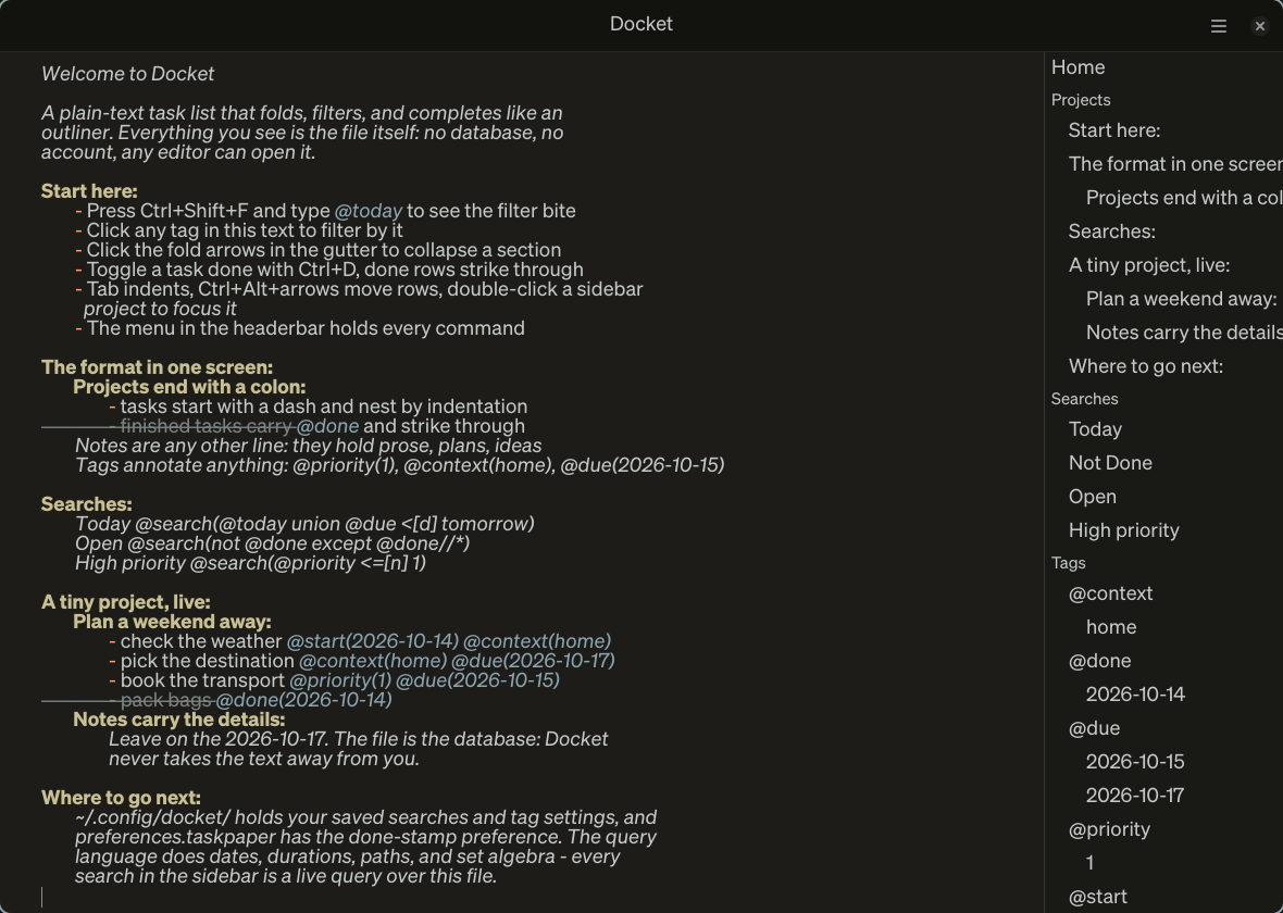 Docket's start page: a working checklist, live searches, tags, and the sidebar