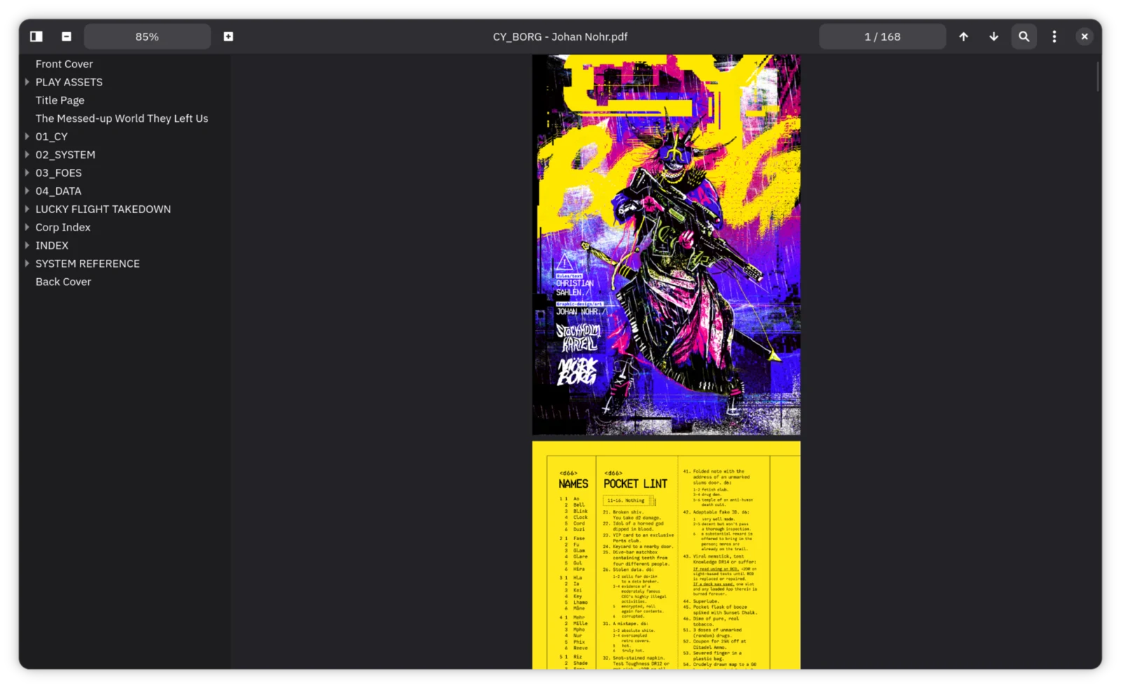 Framework rendering a 168-page PDF with the table-of-contents sidebar open and two pages visible in the scroll