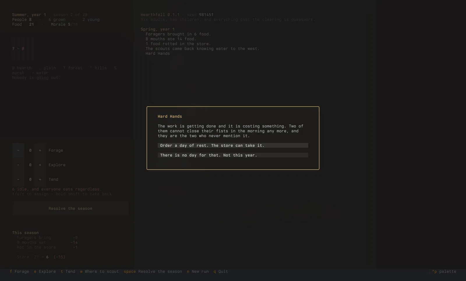 Hearthfall mid-run: the clan panel and fog-black map at left, the season log at right, and a story event offering two choices