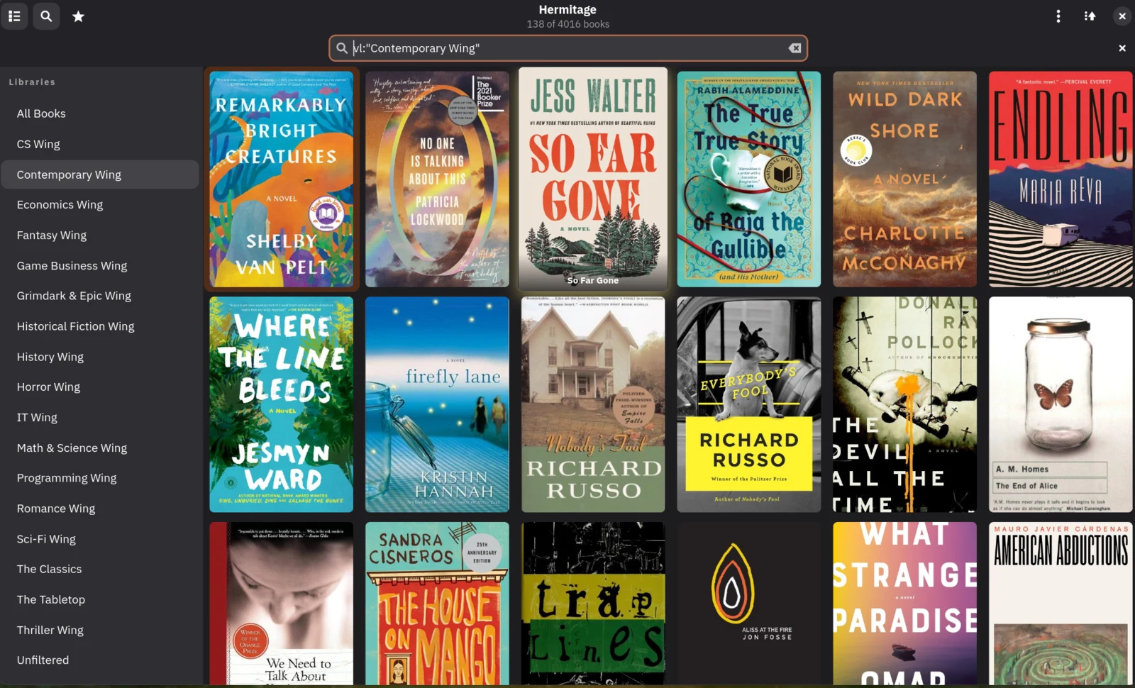 Hermitage's cover-art grid filtered to a virtual library, with the Wing sidebar open and the search bar showing the active expression