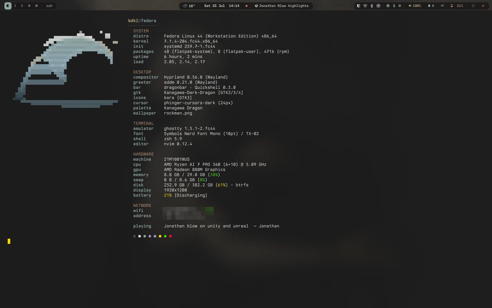 fastfetch on the same desktop, listing Fedora 44, Hyprland 0.56, dragonbar on Quickshell, the Kanagawa Dragon palette, and the machine's hardware