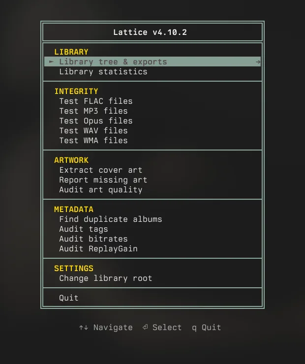 Lattice's curses TUI: a bordered menu grouped into Library, Integrity, Artwork, Metadata, and Settings sections