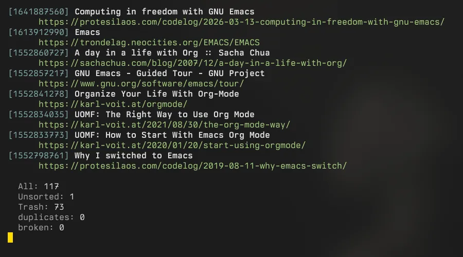 rd-cli listing a collection: bookmark ids, titles, and URLs in designed ANSI colour, followed by account stats
