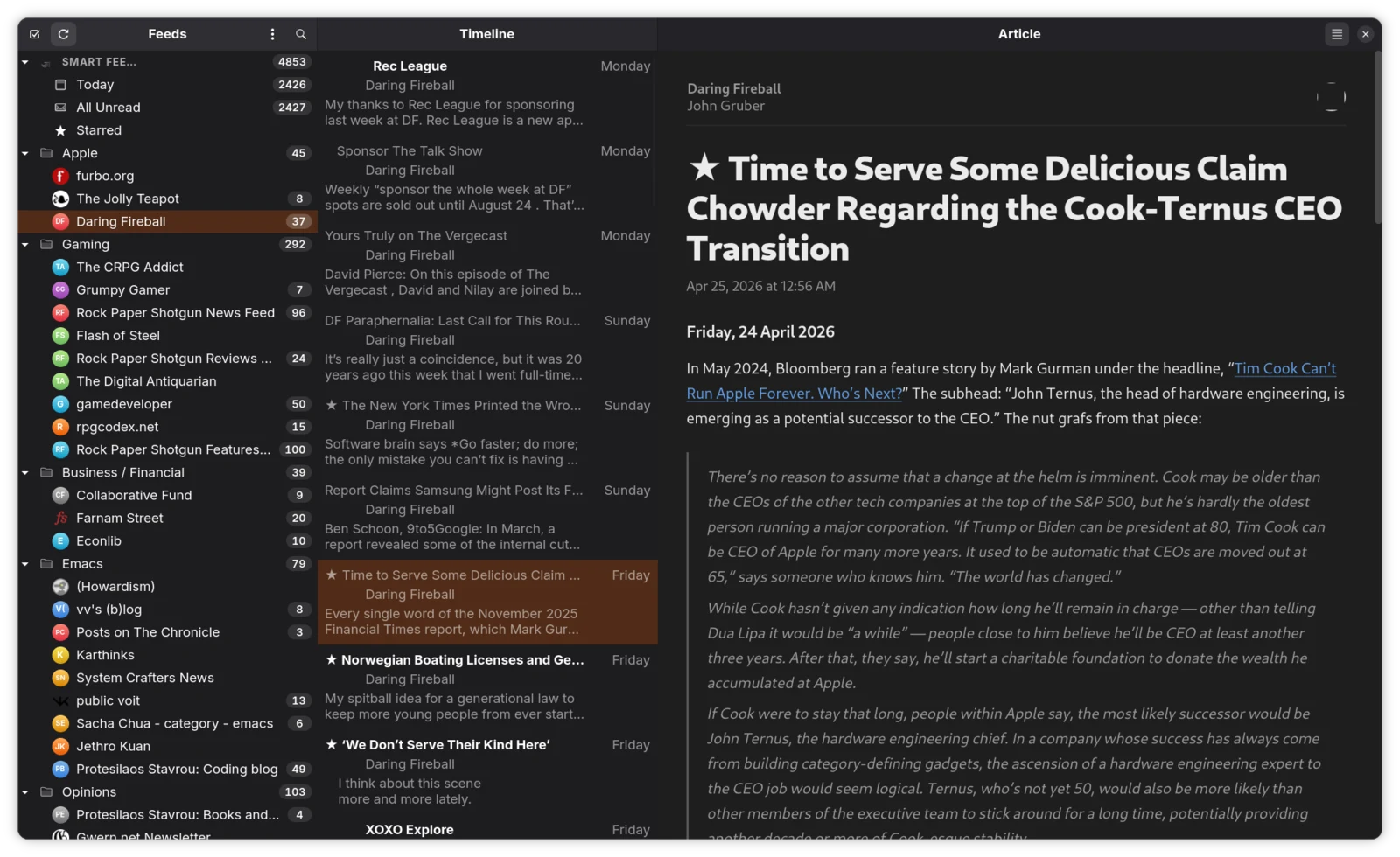 Viaduct's three-pane layout with the Adwaita article theme: feed sidebar with unread badges, timeline, and a rendered Daring Fireball article