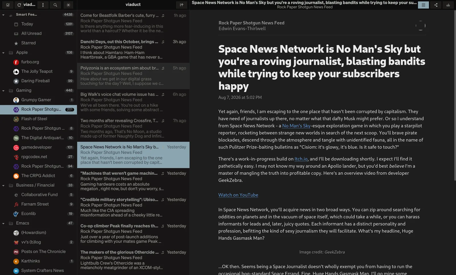 Viaduct's three-pane layout: feed sidebar with unread counts, article timeline, and the reading pane on the v3.0 flat Kanagawa design